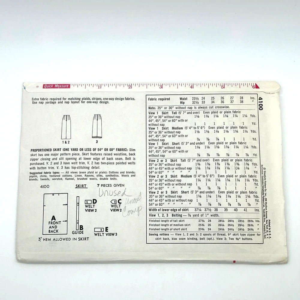 Simplicity Vintage1950's/ 60's Pattern #4100 Women's Proportioned Skirt Waist 28